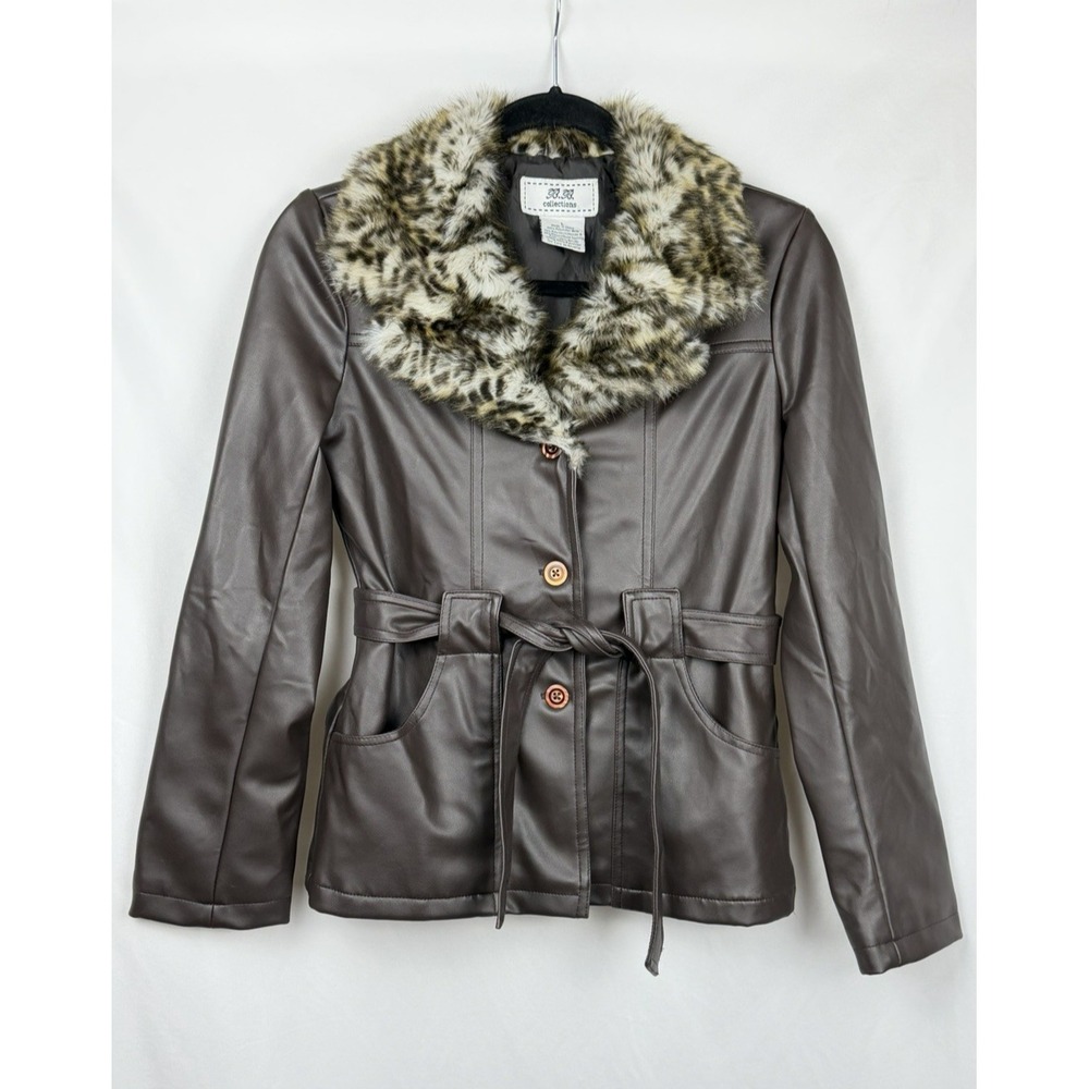 Vintage BB Collections Brown Faux Leather Leopard Fur Jacket Belted Lg (Fits Sm)